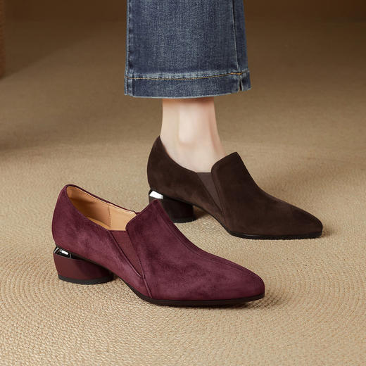 【预售5天】深口单鞋磨砂皮中跟粗跟尖头，软皮高跟鞋秋季加绒真皮裸靴工作鞋KMQ&3236 商品图0