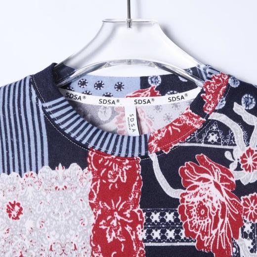 26T80SDSA男装2026新款潮牌民族风拼接长袖腰果花红蓝撞色宽松圆领T恤 商品图2