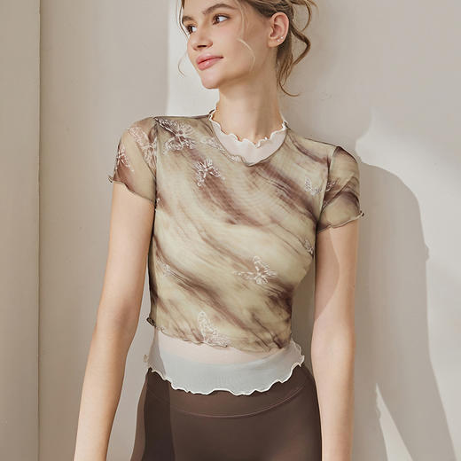 跃牌【健舞健美】系列假两件网纱印花运动户外普拉提健身服上衣罩衫8779 商品图2