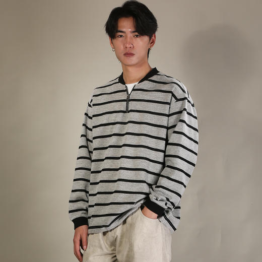 DRONKOO 2026 圆领V领拉链撞T恤宽条纹薄卫衣 商品图3