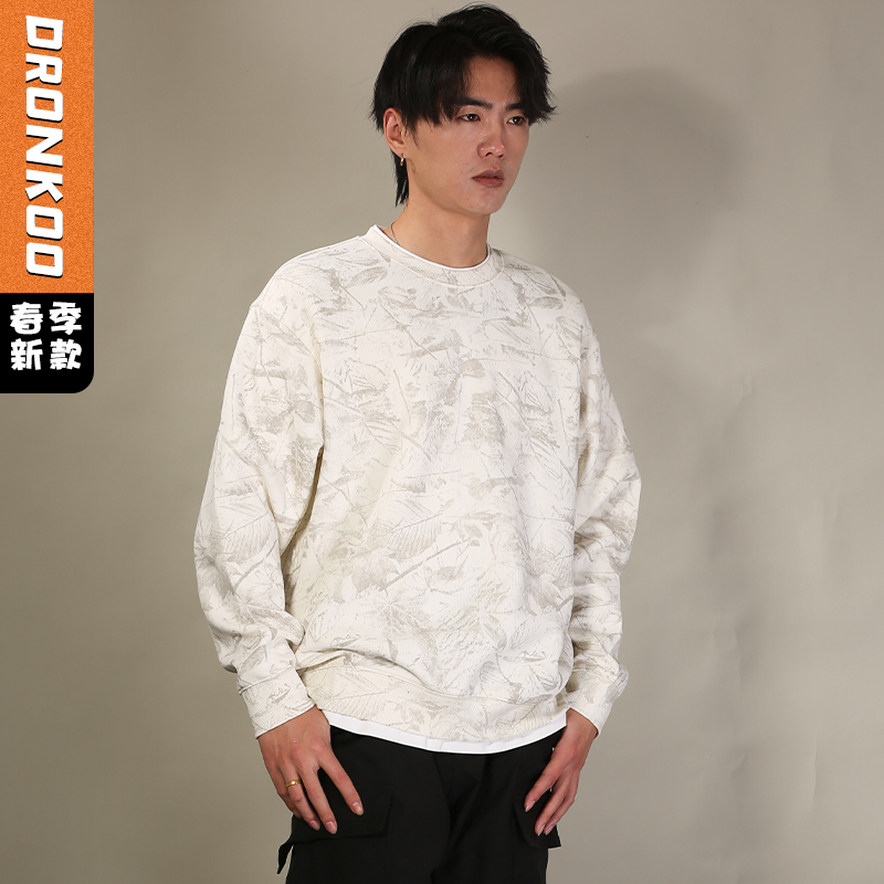 DRONKOO 2026 圆领领口下摆拼T恤满幅树叶假两件中厚卫衣