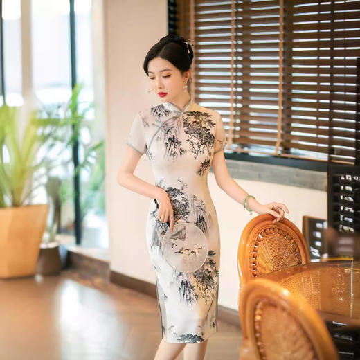 ZAYS2026春季中长款双层丝绸提花旗袍日常复古水墨画气质旗袍 商品图0