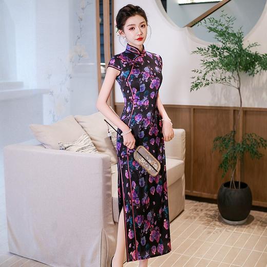 WX2026新款桑蚕丝旗袍紫色长款改良中式桑蚕丝连衣裙优雅气质修身复 商品图1