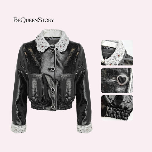 余潇潇【爱丽丝公馆】时髦设计千鸟格纹里布可拆卸钻领收腰皮衣外套 商品图2