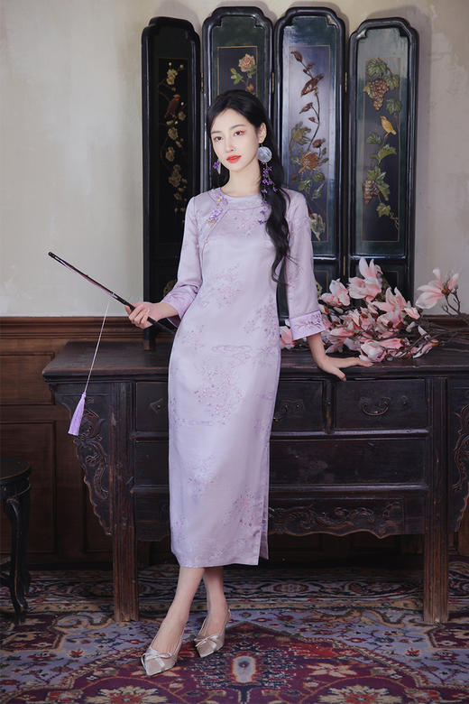 逸红颜明月优选#18姆米真丝旗袍『紫茜』重磅高定系列 气质桃花云纹真丝交织圆领旗袍 商品图2