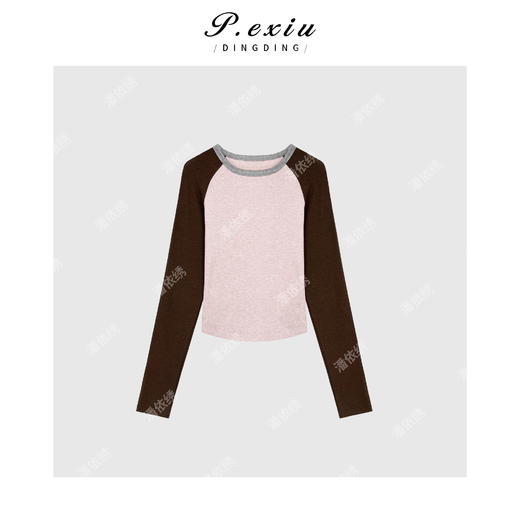 A008潘依绣丁丁宠粉撞色韩系软糯圆领长袖T恤Q52368 商品图1