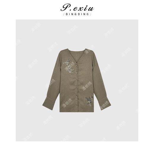 04-6潘依绣丁丁宠粉法式松弛亮片绣花系带长袖衬衣Q3371 商品图0