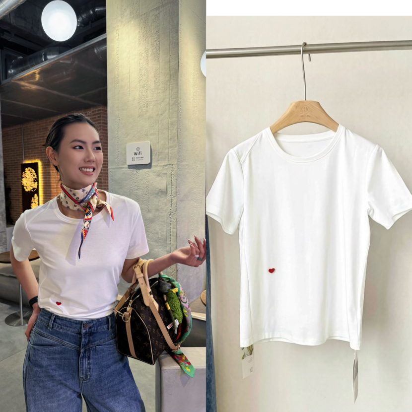 【一切刚刚好】噢蜜ooomeoo爱心刺绣白T“限时赠送真丝丝巾”