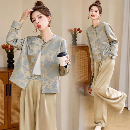 丁摩风气质套装女2026春季新款时尚贵气高腰缎面新中式两件套裤6ZF-6252 商品图2
