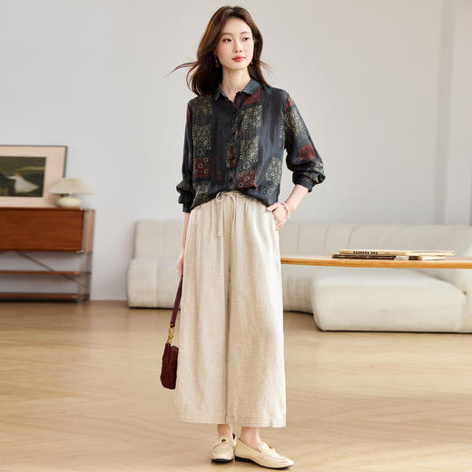 丁摩 棉麻两件套女2026春季新款洋气减龄宽松翻领开衫阔腿裤时尚套装6ZF-1109 商品图2
