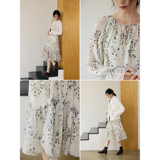 花边抽绳宽松印花衬衫 商品图2