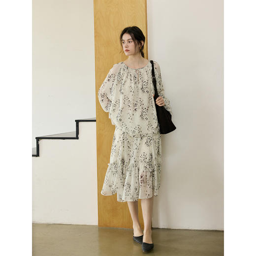 花边抽绳宽松印花衬衫 商品图1