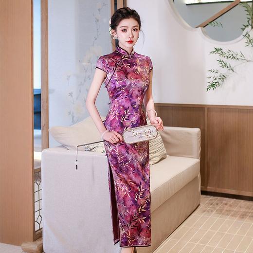 WX2026新款真丝旗袍紫色长款改良中式桑蚕丝连衣裙优雅气质修身复古 商品图1