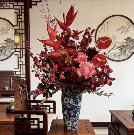 《祥瑞》富贵鸟红掌冬青大花蕙兰牡丹菊花团纹青花瓷花瓶 商品图0