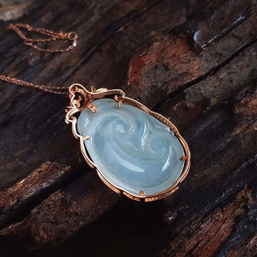 【天然正品】A货翡翠AU750玫瑰金镶钻镶天然细腻冰种如意（万事如意）翡翠吊坠项链40.6*23.6*6.6MM（戒圈可改）281025AH67 商品图6