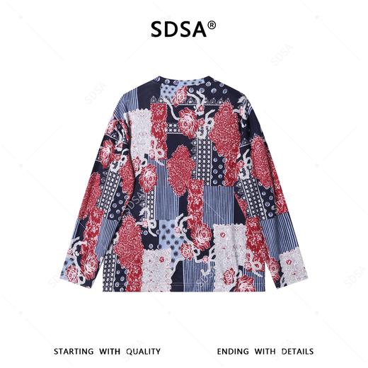 26T80SDSA男装2026新款潮牌民族风拼接长袖腰果花红蓝撞色宽松圆领T恤 商品图5