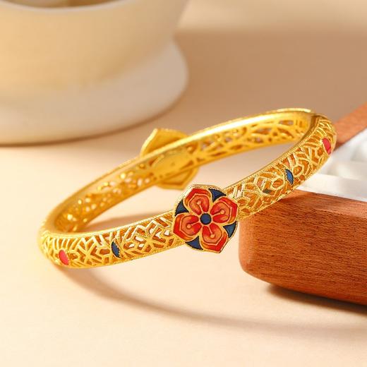 【蓝红宝相花沙金手镯】敦煌新中式珐琅彩芍药花开口手镯新款个性时尚复古民族风沙金手镯礼物 商品图4