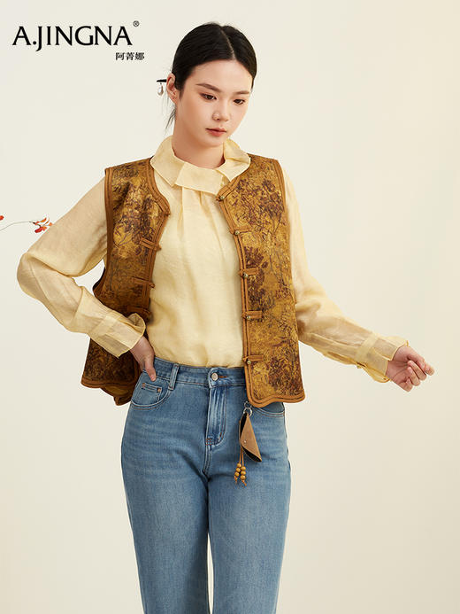 【百蝶图苏绣】阿菁娜冬季新款蝶影迎春新中式马甲百蝶图苏绣灵感柔雾粉提花F30D203036 商品图2