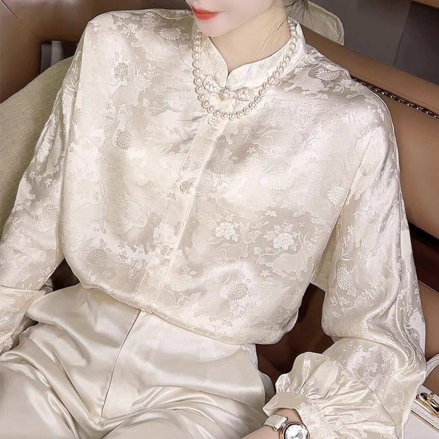 丁摩 提花长袖新中式衬衣上衣女春秋立领复古国风绸缎衬衫6ZF-3368