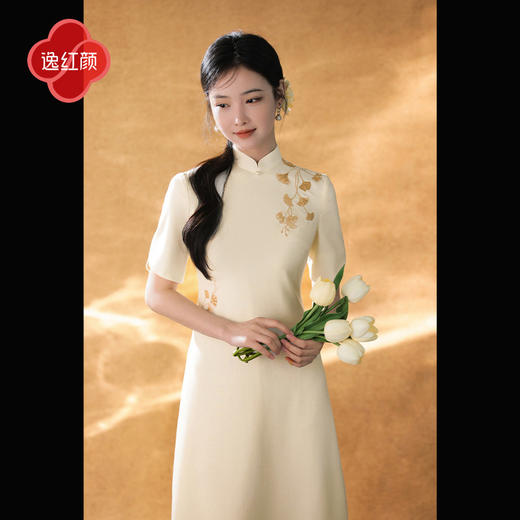 逸红颜《之南》2026春新款极简都市通勤小A摆刺绣新中式旗袍裙女 商品图1