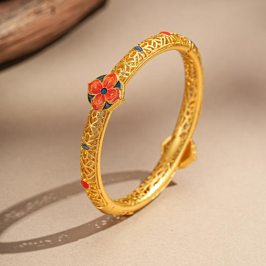 【蓝红宝相花沙金手镯】敦煌新中式珐琅彩芍药花开口手镯新款个性时尚复古民族风沙金手镯礼物 商品图5