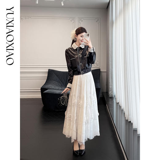 余潇潇【爱丽丝公馆】时髦设计千鸟格纹里布可拆卸钻领收腰皮衣外套 商品图4