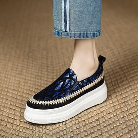 【预售5天】韩版潮洋气外穿春秋款单鞋，爆款真皮松糕鞋女厚底鞋休闲鞋黑色银色ZMXY&A6613-1