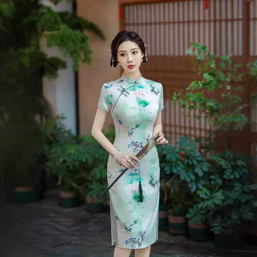 ZAYS2026夏季中长丝绸提花双层短袖气质旗袍日常修身女装旗袍 商品图1