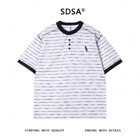 夏季高级感新款男士撞色条纹半纽扣刺绣标短袖T恤时尚圆领上衣潮