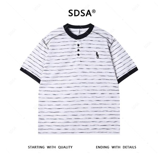 夏季高级感新款男士撞色条纹半纽扣刺绣标短袖T恤时尚圆领上衣潮 商品图0