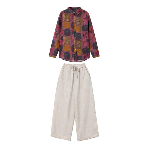 丁摩 棉麻两件套女2026春季新款洋气减龄宽松翻领开衫阔腿裤时尚套装6ZF-1109 商品图4