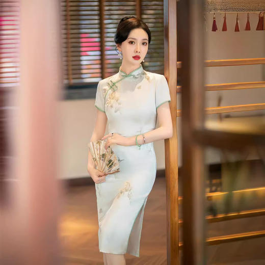 ZAYS丝绸提花旗袍2026新款春夏中长双层年轻款旗袍日常修身短袖旗袍裙 商品图1