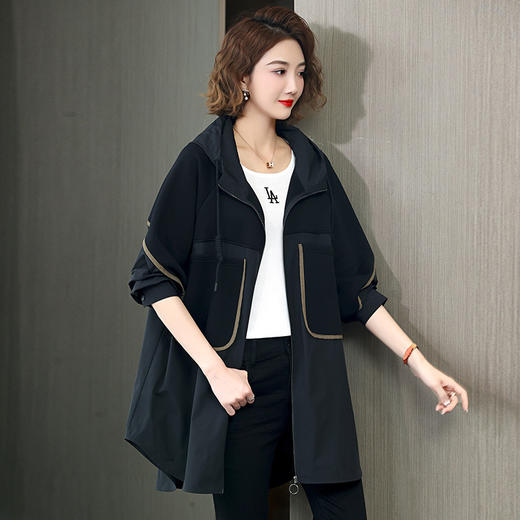丁摩 黑色风衣女中长款今年流行春秋新款连帽外套新品6ZF-1226 商品图3