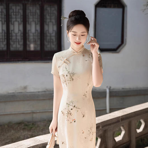 ZAYS夏新款丝绸提花改良旗袍日常气质素雅年轻款中长旗袍 商品图0