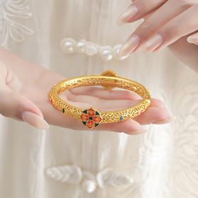 【蓝红宝相花沙金手镯】敦煌新中式珐琅彩芍药花开口手镯新款个性时尚复古民族风沙金手镯礼物