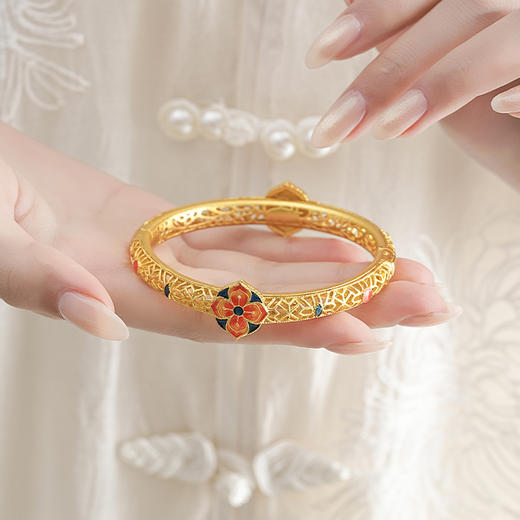 【蓝红宝相花沙金手镯】敦煌新中式珐琅彩芍药花开口手镯新款个性时尚复古民族风沙金手镯礼物 商品图0