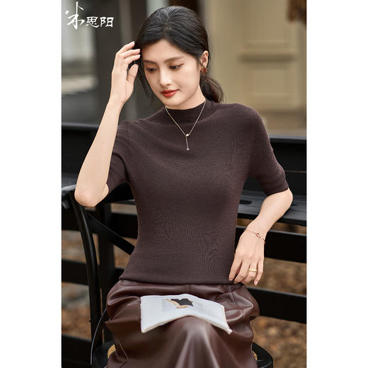 18针岛精扬子纱 100%羊毛  米思阳2026春季新款无缝一体五分袖短袖半高领针织打底衫女1064 商品图2