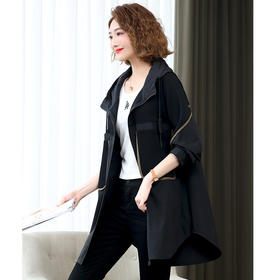 丁摩 黑色风衣女中长款今年流行春秋新款连帽外套新品6ZF-1226