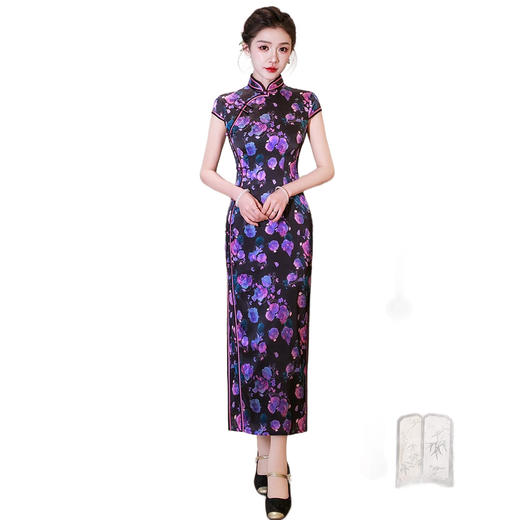WX2026新款桑蚕丝旗袍紫色长款改良中式桑蚕丝连衣裙优雅气质修身复 商品图4