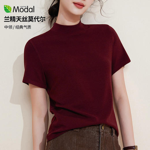 丁摩 【兰精天丝】短袖上衣女春季新莫代尔t恤气质简约中领打底衫6ZF-M935 商品图1