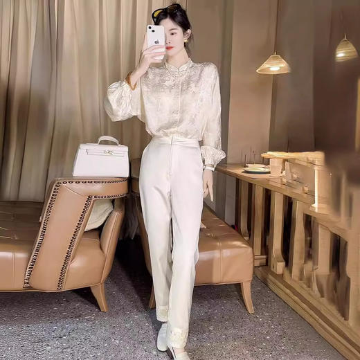 丁摩 提花长袖新中式衬衣上衣女春秋立领复古国风绸缎衬衫6ZF-3368 商品图1