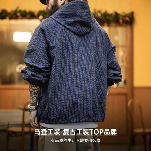 马登工装美式半拉链连帽卫衣肌理感泡泡纱蓝色户外薄款外套男春季 商品图4