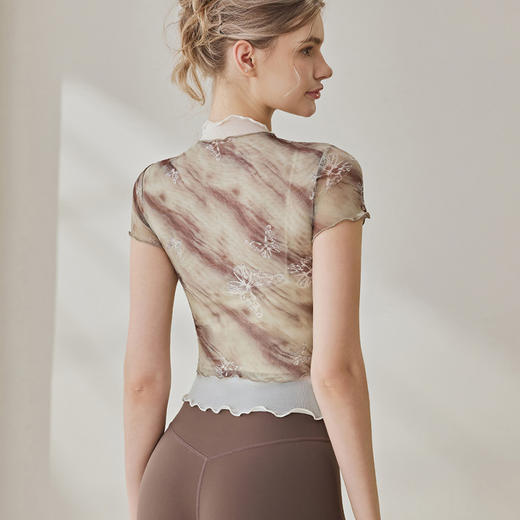 跃牌【健舞健美】系列假两件网纱印花运动户外普拉提健身服上衣罩衫8779 商品图1