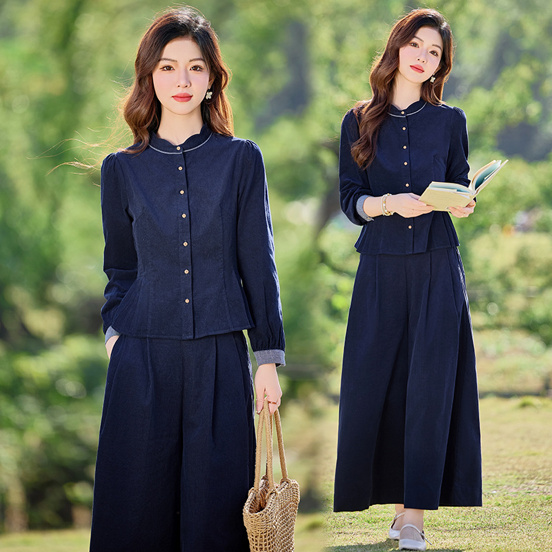 丁摩 小香风气质显瘦花瓣领上衣灯芯绒阔腿裤两件套6ZF-2678