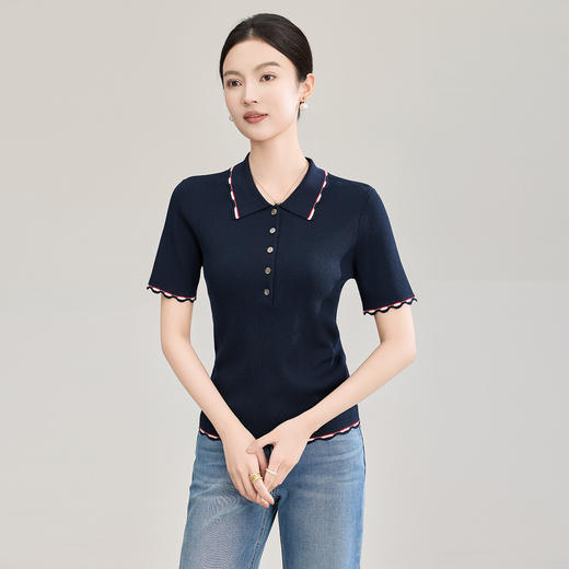 「高货wl」全新升级【铂金会员220/天猫299/差价79】(95949)洛诗琳细坑条羊毛混纺翻领上衣2026春夏知性学院风针织T恤 商品图0