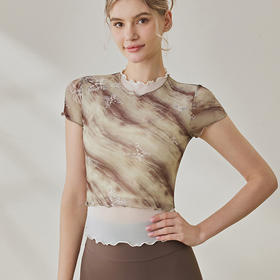 跃牌【健舞健美】系列假两件网纱印花运动户外普拉提健身服上衣罩衫8779