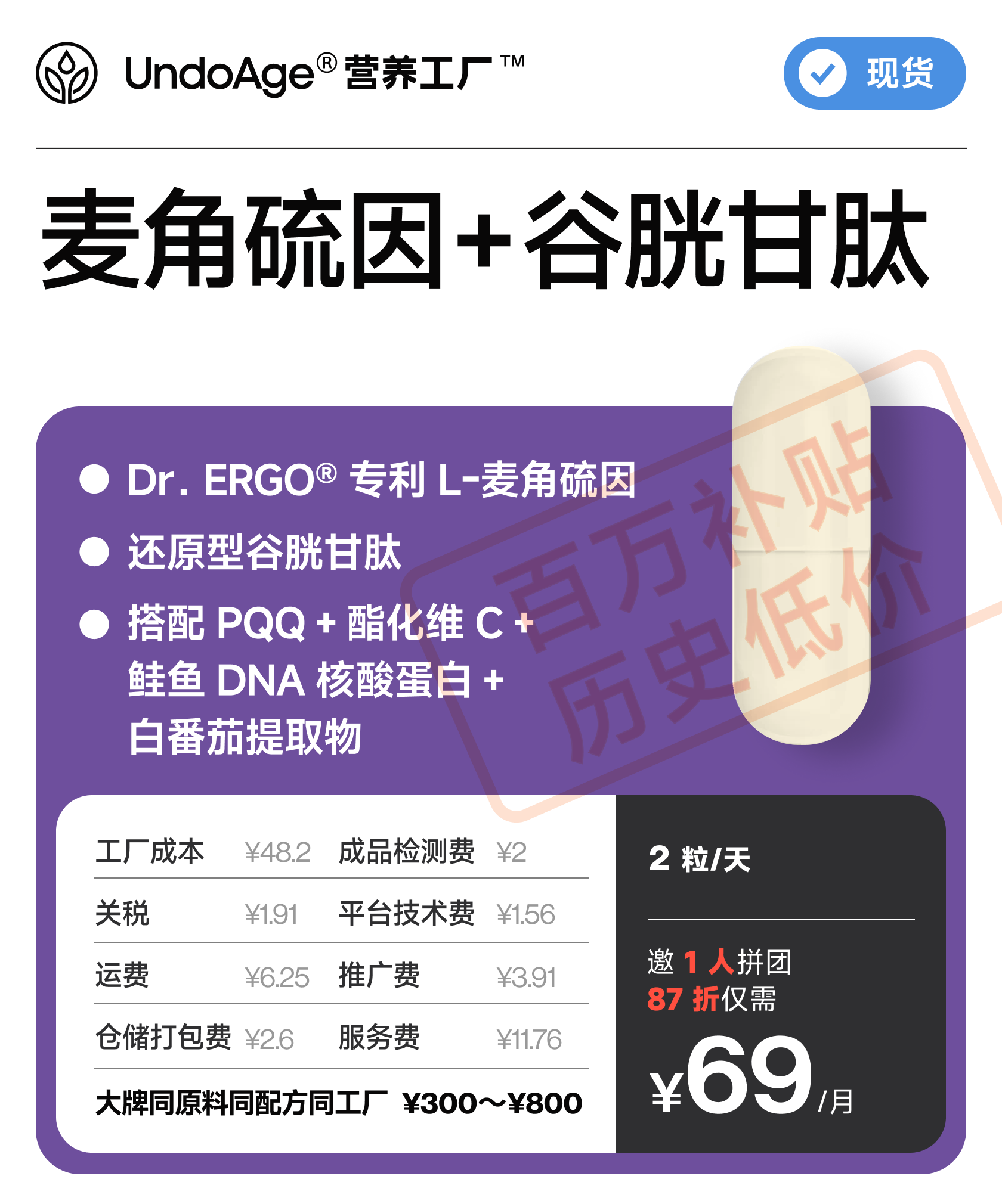 【百万补贴】邀 1 人拼团享 87 折麦角硫因 + 谷胱甘肽｜Dr.ERGO® 专利 复配 还原型谷胱甘肽 搭配 PQQ【现货】