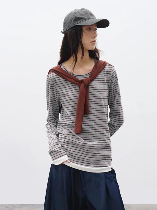 半圆/C63370134/假两件复合条纹T恤 商品图0