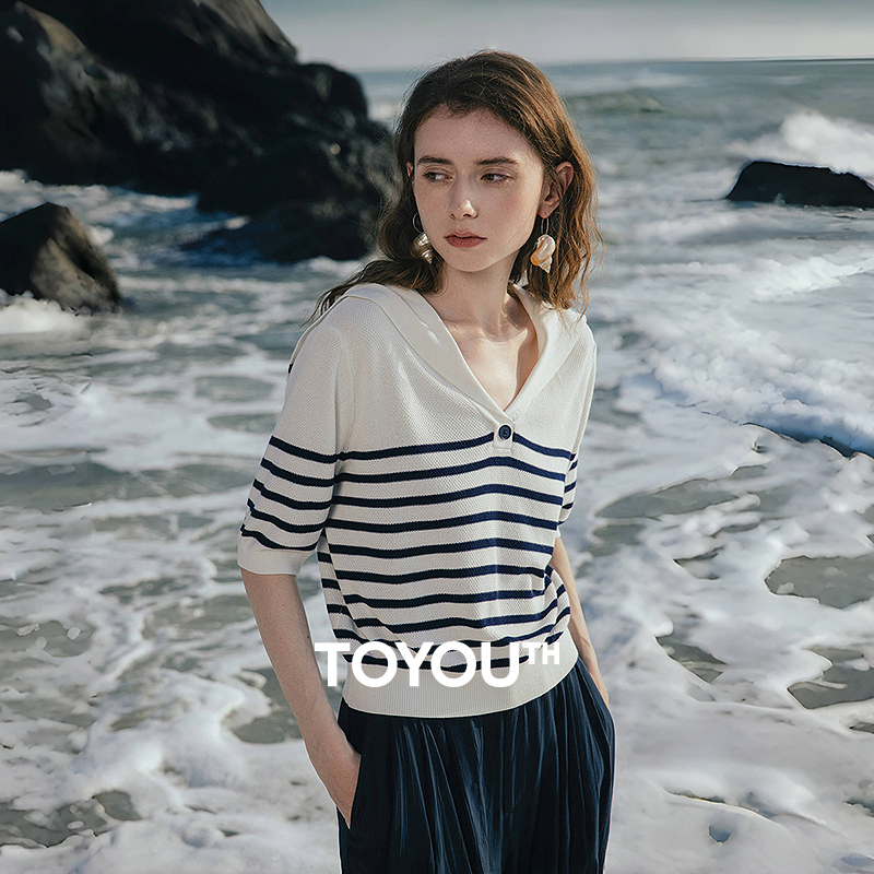 初语航海系海军领条纹针织衫女2026夏季新款短款小衫休闲百搭上衣