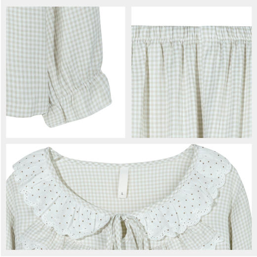 【99元超值新品】【秀黛】女荷叶边气泡格长袖杯垫套装抗皱挺括立体花边田园风女士春秋家居服睡衣W1551003T【门店同款】 商品图4